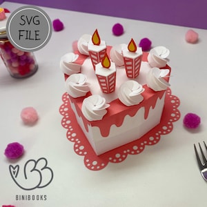 Caixa de presente para bolo de aniversário 3D Arquivo de corte SVG/PDF para máquinas de corte, incluindo instruções em vídeo, bolo de aniversário, presente de bolo