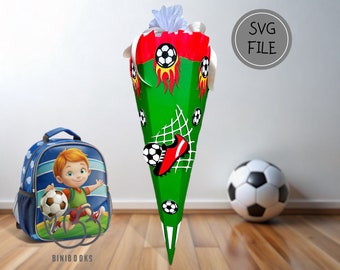 Plantilla de artesanía con motivo de fútbol de cono escolar, archivo PDF y SVG, elaboración con y sin trazador, inscripción escolar, regreso a clases