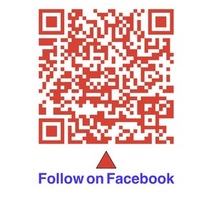 May include: A red and white QR code with a red triangle pointing down below it. The text "Follow on Facebook" is below the triangle.
