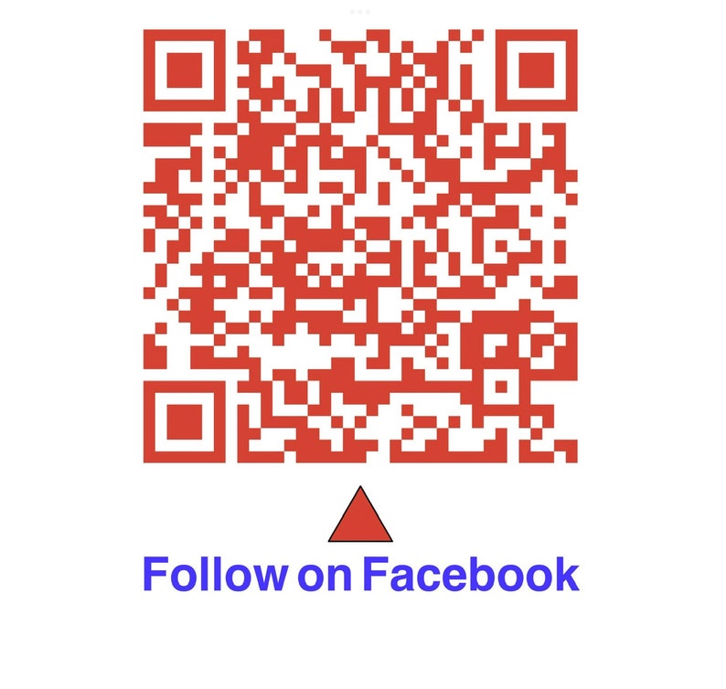 May include: A red and white QR code with a red triangle pointing down below it. The text "Follow on Facebook" is below the triangle.