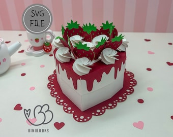 3D Strawberry Cake Gift Box SVG, archivo de corte para máquinas de corte Archivo SVG, incluyendo instrucciones en video, pastel de cumpleaños, regalo del Día de la Madre