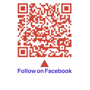 May include: Red and white QR code with a red triangle pointing down. The text "Follow on Facebook" is below the QR code in blue.