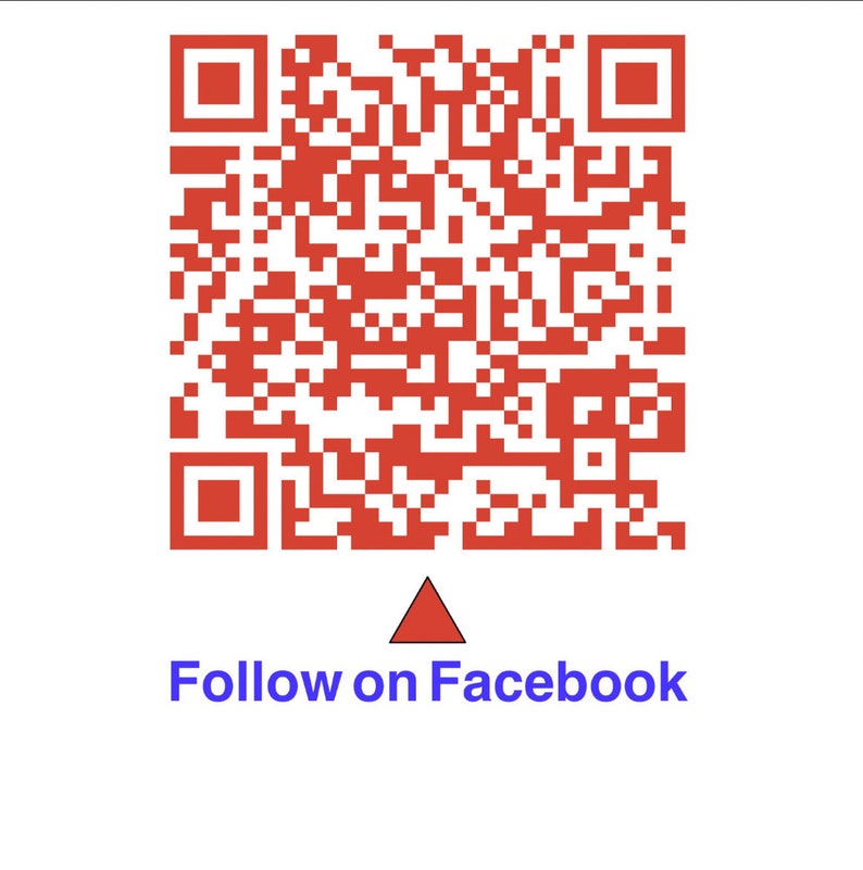 May include: Red and white QR code with a red triangle pointing down. The text "Follow on Facebook" is below the QR code in blue.