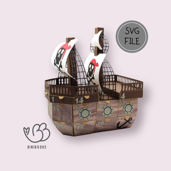 Calendrier de l’Avent SVG Bateau pirate avec instructions vidéo Fichier traceur pour machines à découper Fichier SVG numérique