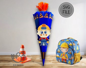 Motivo de trabajador de la construcción de mochilas escolares, plantilla de artesanía, archivo PDF y SVG, manualidades con y sin trazador, inscripción escolar, regreso a clases, sitio de construcción