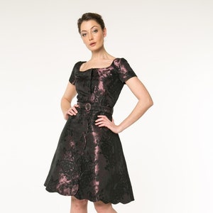 Dress CARMEN in deep purple colour Italian fabric with scalloped details inspired by 1950s styles image 1