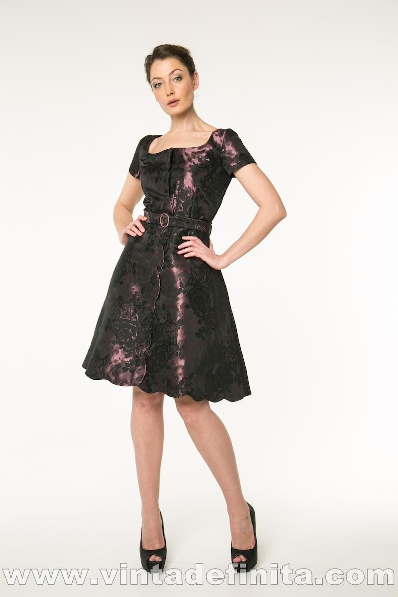 Dress CARMEN in deep purple colour Italian fabric with scalloped details inspired by 1950s styles image 1