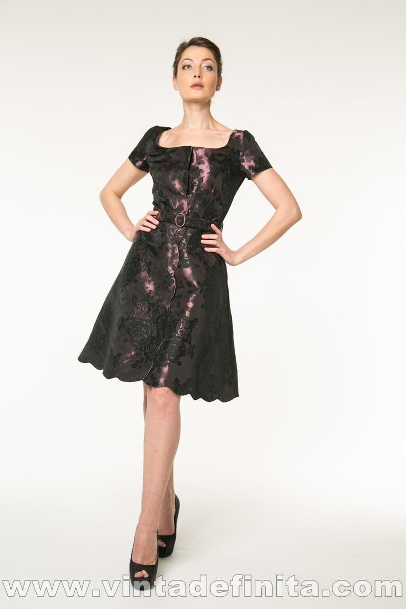 Dress CARMEN in deep purple colour Italian fabric with scalloped details inspired by 1950s styles image 4