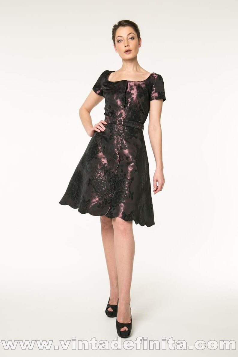 Dress CARMEN in deep purple colour Italian fabric with scalloped details inspired by 1950s styles image 2