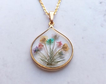 Rainbow pressed flower necklace, Resin jewelry, gold filled Botanical Necklace, Mothers gift with natural touch, colourful wish necklace