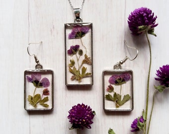 Pressed flower jewelry set, Botanical Jewelry, Dried flower and leaf necklace, Valentine gift, Resin Jewelry, flower resin jewelry