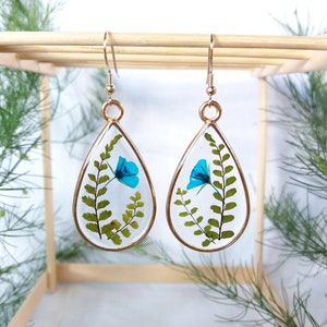 Pressed flower resin earrings with rare blue wild flowers and fern leaves + 14k gold plated sterling silver ear wire, Unique Christmas gift