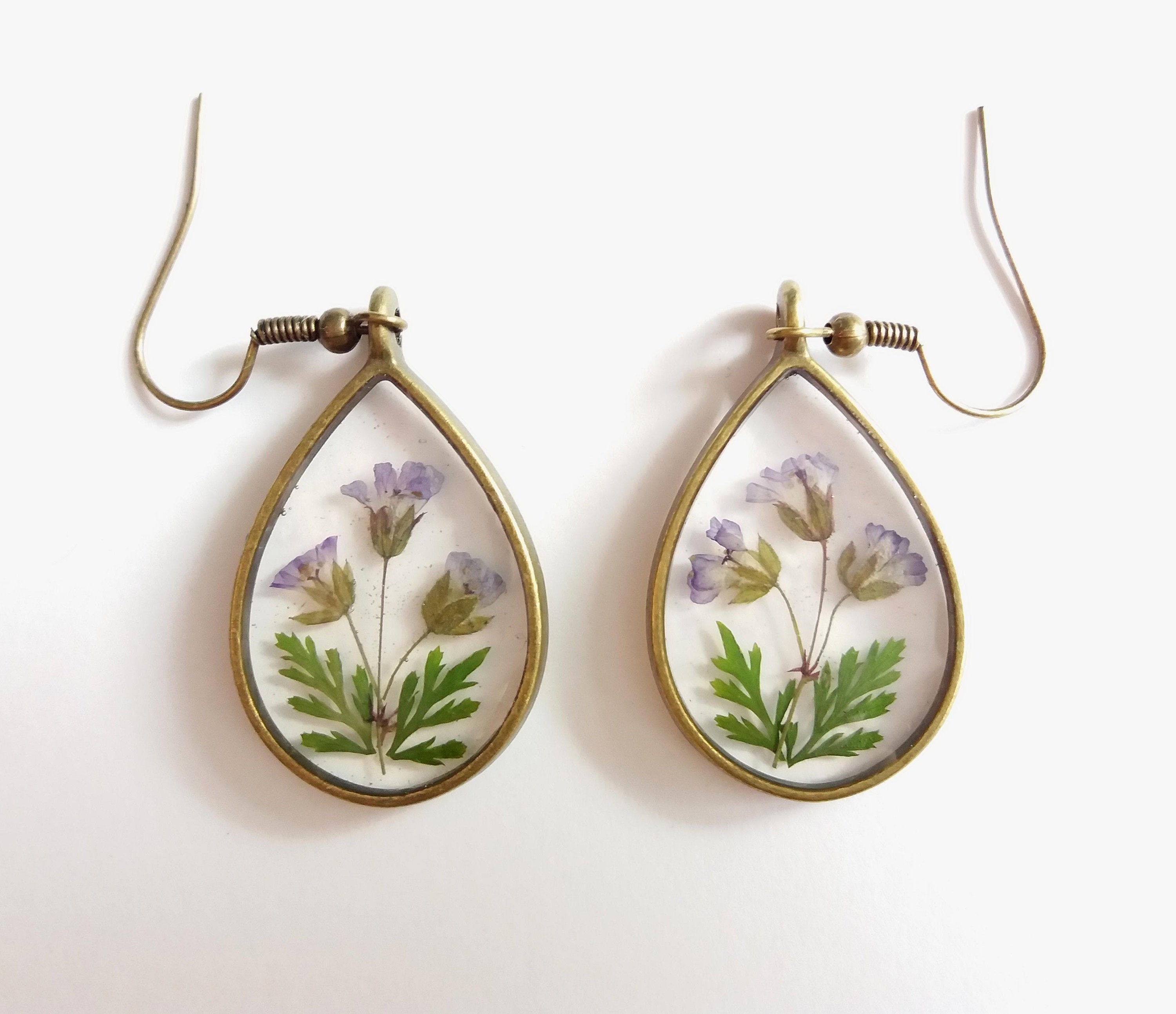 long drop earring botanical earrings flowers in resin Real flower resin earrings purple flower earrings in resin resin flower earrings
