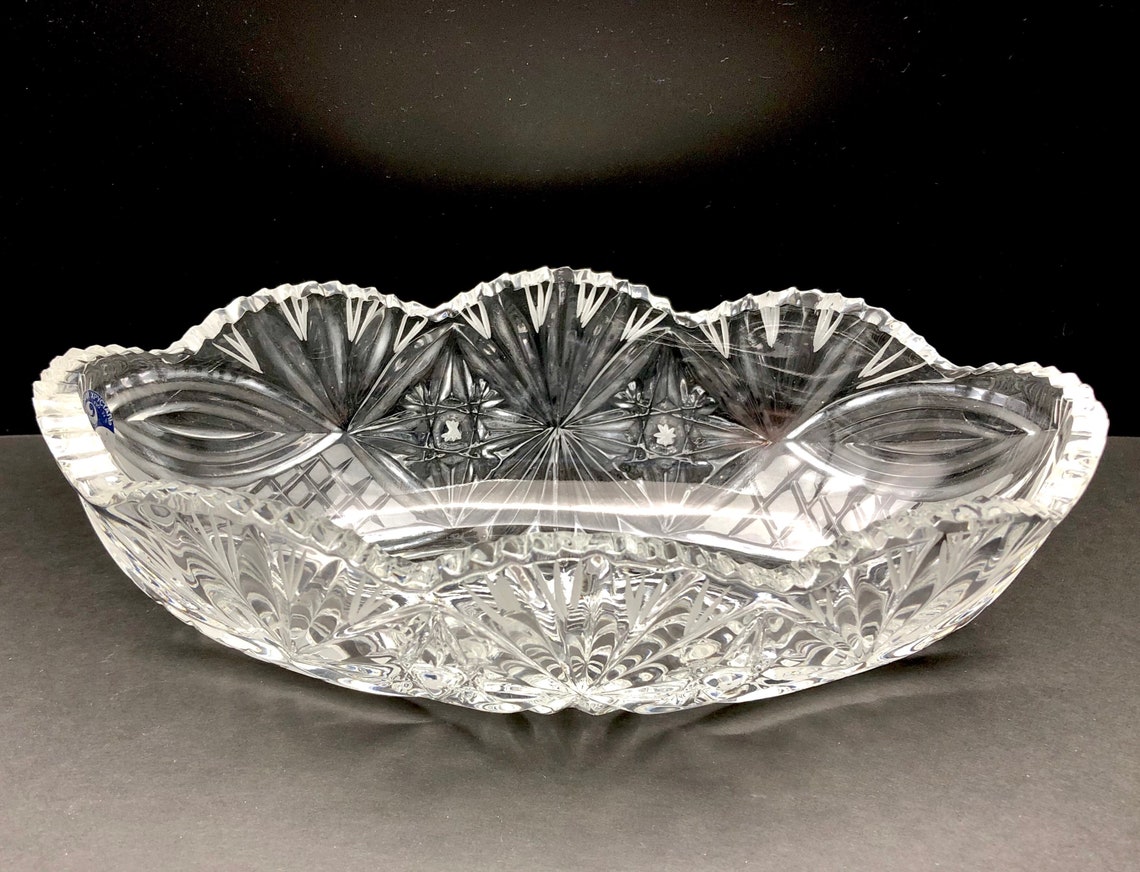 Lead Crystal Oval Bowl With Scalloped Edge Sawtooth Glass Etsy