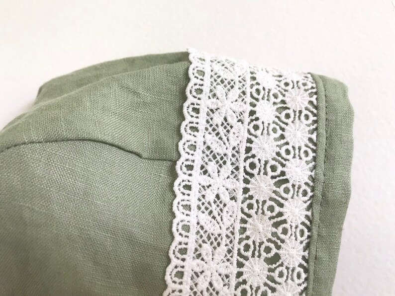 green linen bonnet Dusty green linen and lace bonnet classic brimless bonnet summer bonnet linen brimless bonnet lace baby girl bonnet