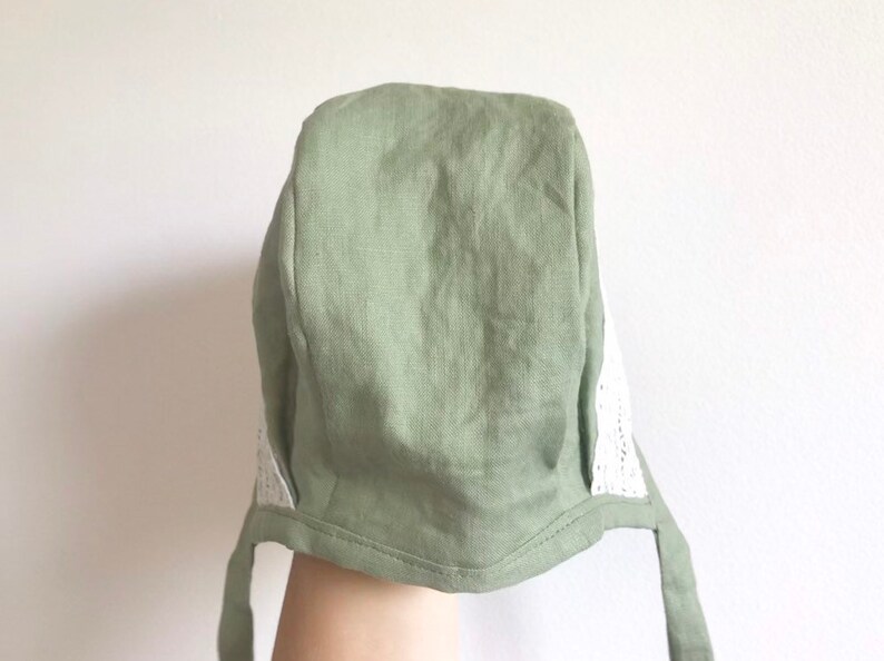 green linen bonnet Dusty green linen and lace bonnet classic brimless bonnet summer bonnet linen brimless bonnet lace baby girl bonnet