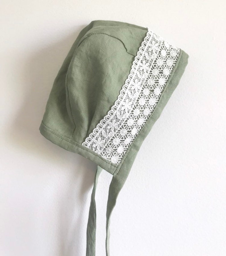 green linen bonnet Dusty green linen and lace bonnet classic brimless bonnet summer bonnet linen brimless bonnet lace baby girl bonnet