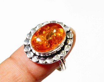 Orange Amber Ring Size 7.5 Designer Ring 925 Silver Plated Jewellery Statement Rings Boho
