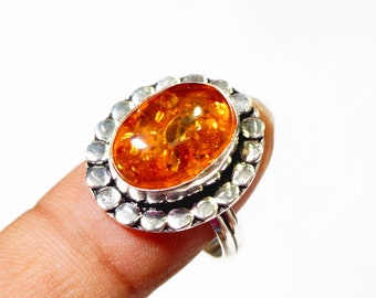 Orange Amber Ring Size 7.5 Designer Ring 925 Silver Plated Jewellery Statement Rings Boho