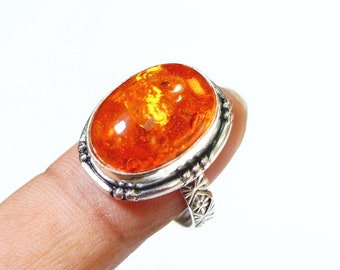 Orange Amber Ring Size 7.5 Designer Ring 925 Silver Plated Jewellery Statement Rings Boho