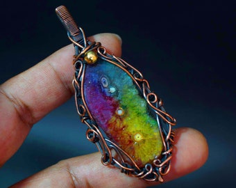 Rainbow Solar Quartz Wire Wrap Pendant - Wire Wrapped Pendant Necklace - Heady Wrap -- Copper Wire Wrap - Healing Jewelry - Amulet