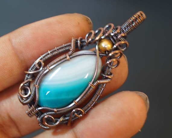 グリーンアゲートペンダント 銅線ラップペンダント ハンドメイド
