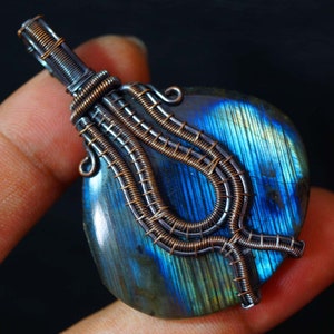 Long Blue Flash Necklace, Wrapped Stone Necklace, Statement Necklace, Pendant Necklace, Stones Necklace, Labradorite Necklace, Jewelry