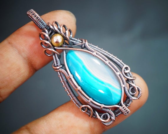 Handmade Green Agate Copper Pendant Copper Wire Wrapped Handmade