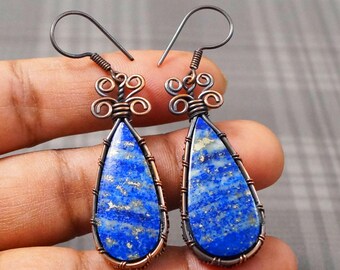 Sodalite Earrings Gemstone Earring Copper Wire Wrapped Earring Dangle Gift for Her Jewelry