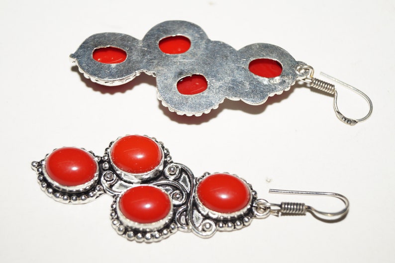 Red Color Coral Gemstone Ladies Earring 5224 mm Silver Plated Handmade Jewellery