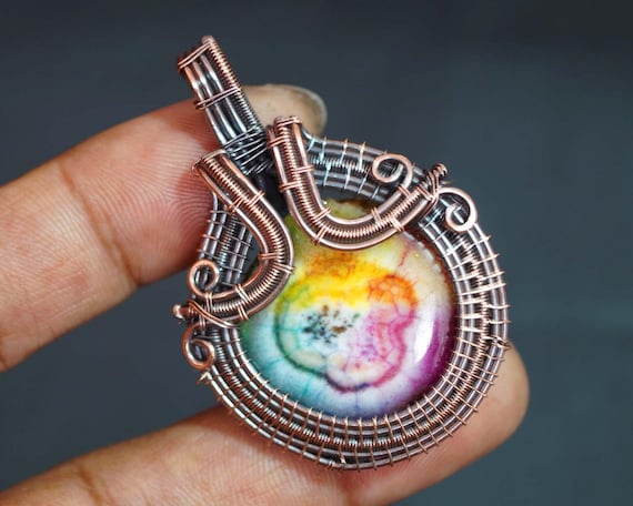 Copper Wire Wrap Rainbow Stone Pendant Wire Wrapped Handmade Mens
