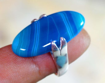 Blue Agate Statement Ring, Silver Plated Jewelry (US Size 7.5)