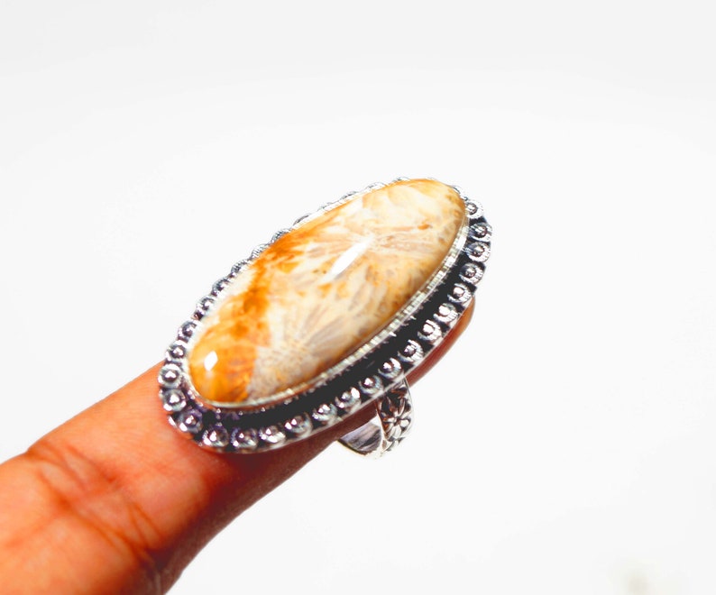 Handmade Jewelry Size US 10 Brown Fossil Coral Ring Gemstone Ring Silver Plated Jewelry