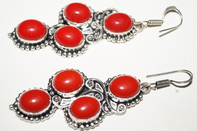 Red Color Coral Gemstone Ladies Earring 5224 mm Silver Plated Handmade Jewellery