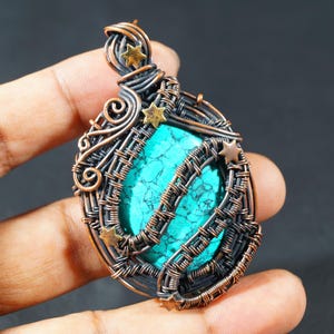 Turquoise Gemstone Copper Wire Wrapped Pendant: Handmade Wire Wrap Copper Necklace, Oxidized Copper Wrap Jewelry, Gift for Wedding