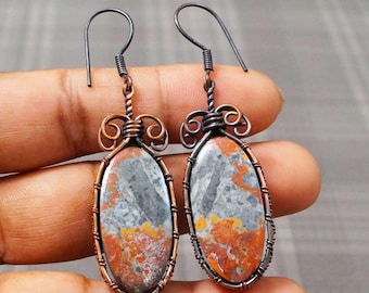 Handmade Copper Wire Wrapped Jasper Earrings, Oxidized Jewelry