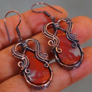 Unique handmade boho earrings with brown Noreena Jasper in antiqued copper wire wrap with hypoallergenic hooks