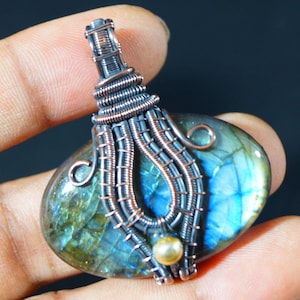 Blau Blitz Labradorit Kupfer Anhänger Kupfer Draht gewickelt Edelstein Anhänger Halskette Schmuck Geschenk für Geburtstag Natürliche Labradorit Schmuck