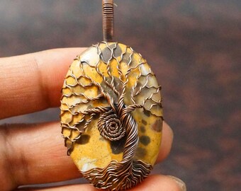 Handmade Chert Breccia Tree of Life Pendant: Gemstone Copper Wire Wrap