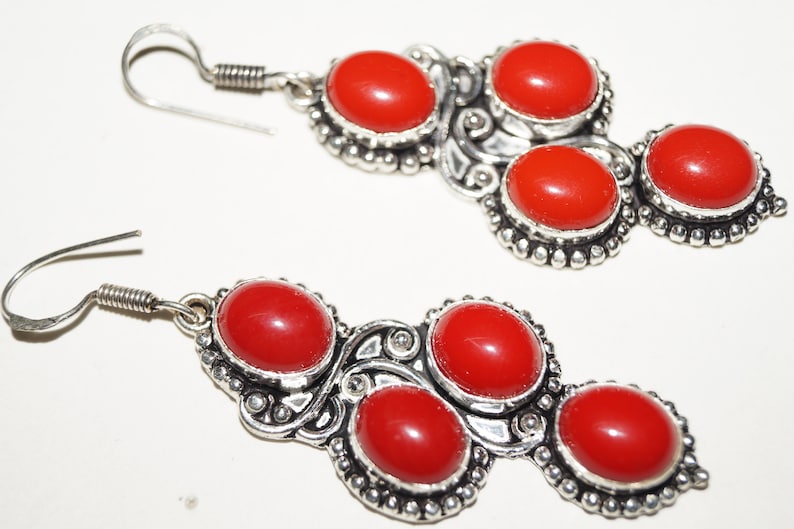 Red Color Coral Gemstone Ladies Earring 5224 mm Silver Plated Handmade Jewellery