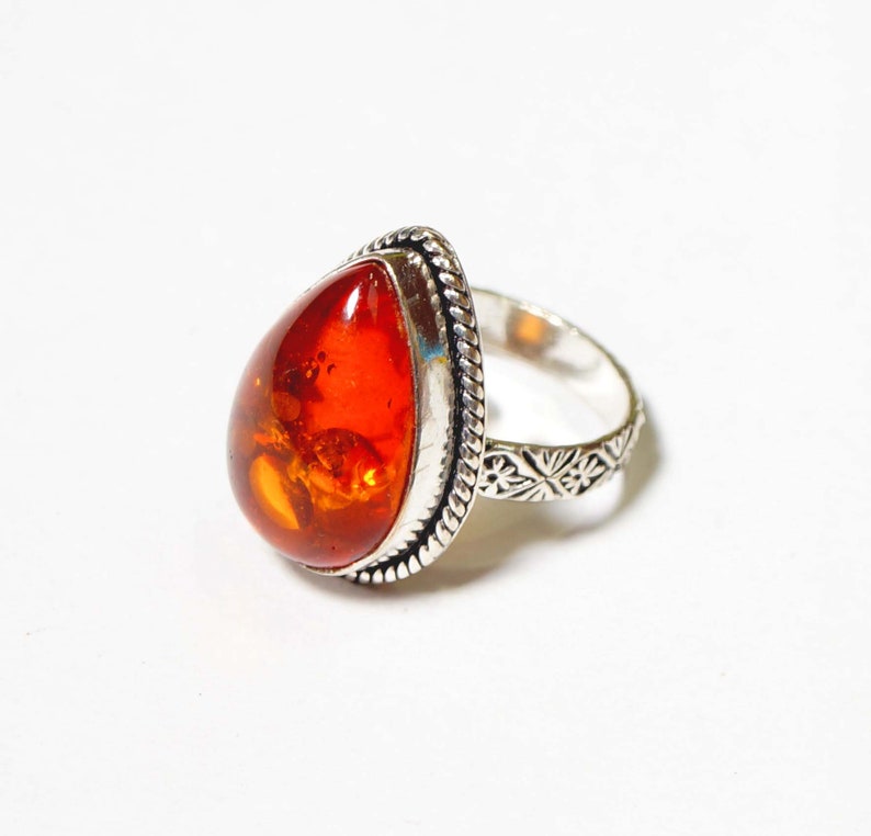 Orange Color Amber Gemstone Ladies Ring Size US 8.5 Silver Plated Handmade Jewellery