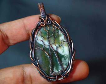 Handmade Copper Wire Tree of Life Moss Agate Pendant