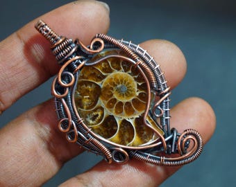 Edelstein Ammonit Fossil Anhänger Wire Wrapped Kupfer Schmuck Handgemachte Kupfer Anhänger Halsketten Geschenk für Jahrestag Geschenk für Frau Schmuck