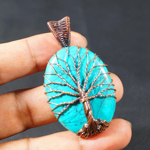 Green Turquoise Tree of Life Copper Wire Wrapped Pendant, Wire