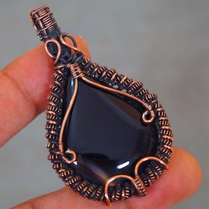 Black Onyx Copper Pendant Copper Wire Wrapped Gemstne Pendant Handmade Copper Wire Wrap Pendant Necklace Valentines Day Gift Onyx Jewelry