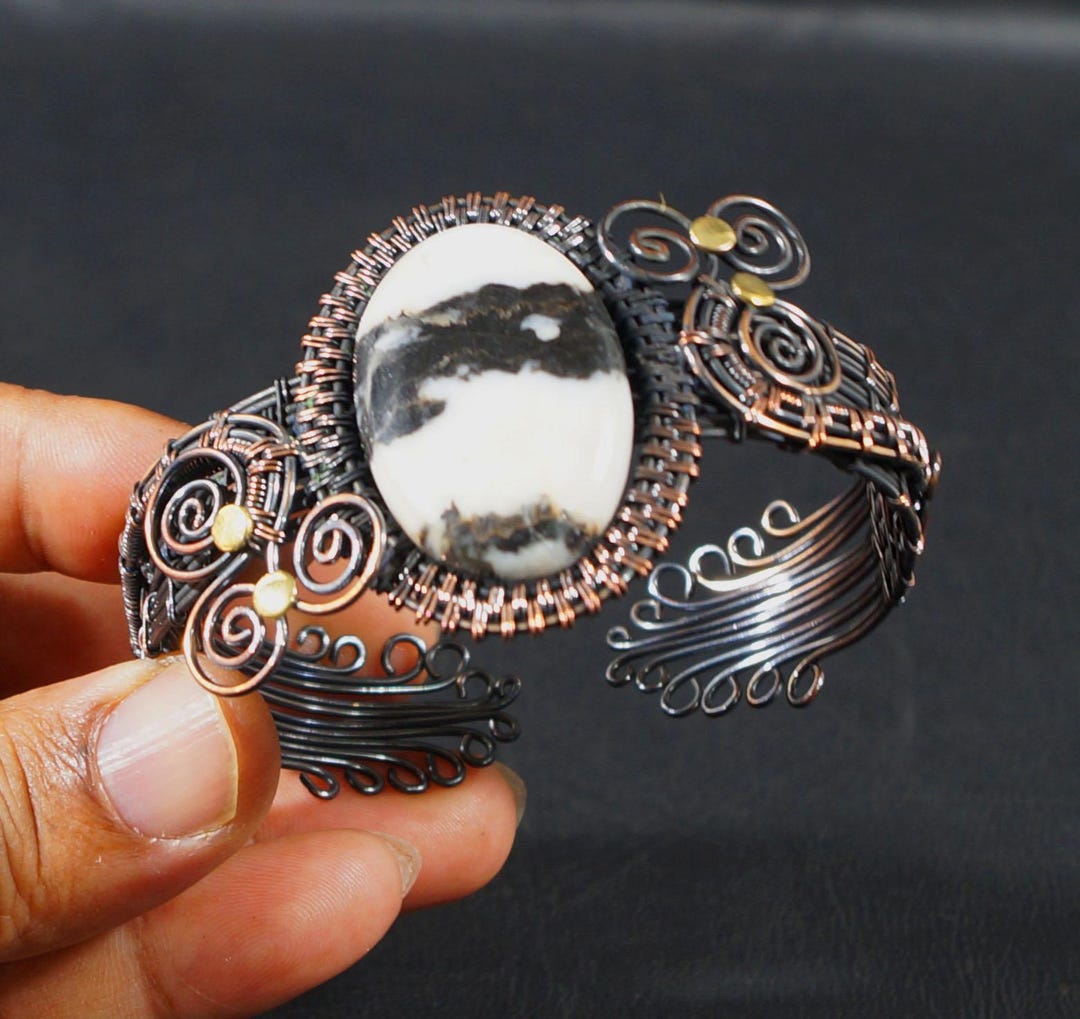 Buffalo Jasper Copper Wire Wrapped Cuff Bangle: Oxidized Black