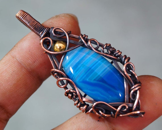 Blue Agate Pendant Gemstone Pendant Copper Wire Wrapped Pendant