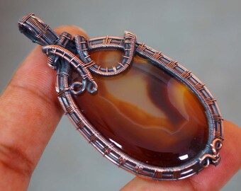 Brown Agate Pendant, Handmade Wire Wrapped Gemstone Necklace