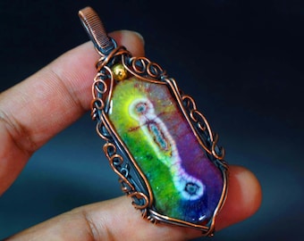 Rainbow Solar Quartz Wire Wrap Pendant - Antique Wire Wrapped Pendant Necklace - Heady Wrap -- Copper Wire Wrap - Healing Jewelry - Amulet