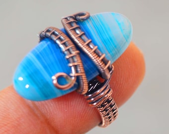 Blauwe agaat koperdraadgewikkelde ring, handgemaakte boho-sieraden, Amerikaanse maat 7,5